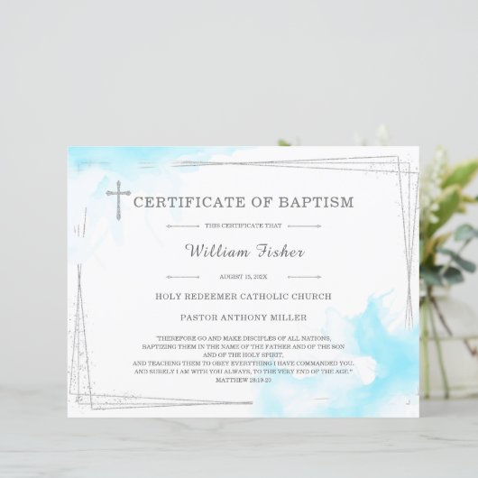 Blauw en zilver doopcertificaat (Staand voorkant)