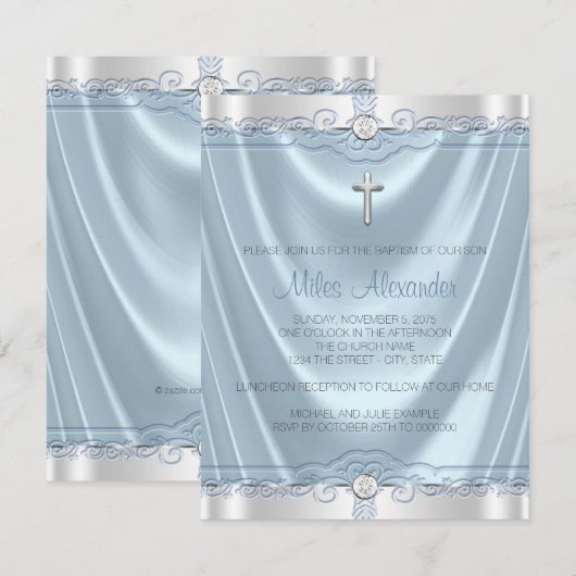 Blauw en Zilver doopsel doop Kaart (Voorkant / Achterkant)