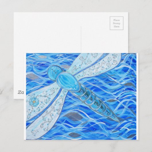 Blauw- en Zilver-dragonfly-schildering Briefkaart (Voorkant / Achterkant)