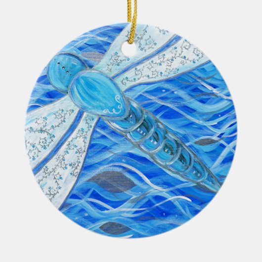 Blauw- en Zilver-dragonfly-schildering Keramisch Ornament (Voorkant)