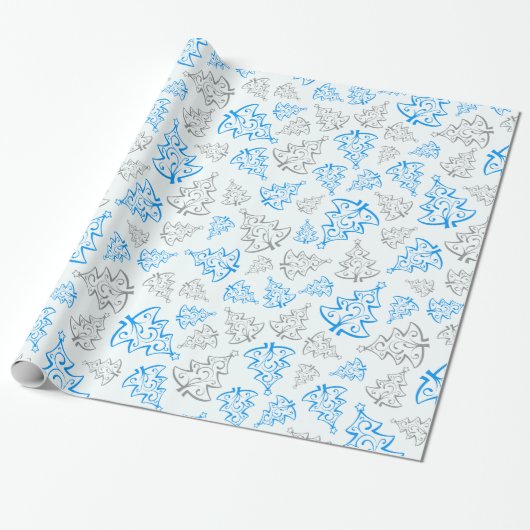 Blauw en zilver Elegant kerstbomen Pattern Cadeaupapier (Uitgerold)