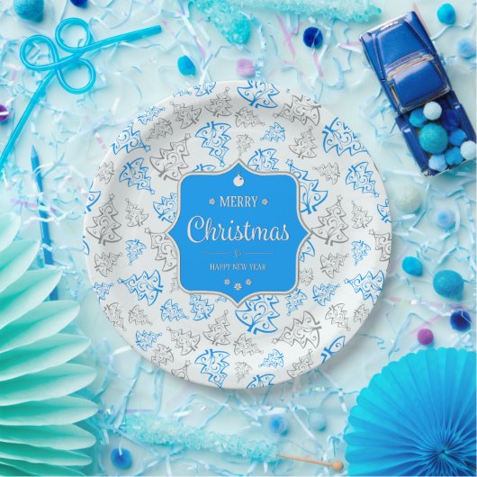 Blauw en zilver Elegant kerstbomen Pattern Papieren Bordje (Feest)