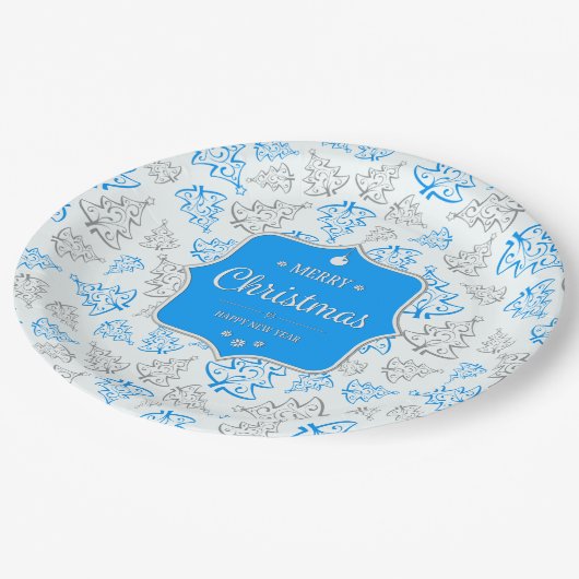 Blauw en zilver Elegant kerstbomen Pattern Papieren Bordje (Gekanteld)