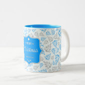 Blauw en zilver Elegant kerstbomen Pattern Tweekleurige Koffiemok (Voorkant rechts)
