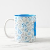 Blauw en zilver Elegant kerstbomen Pattern Tweekleurige Koffiemok (Links)