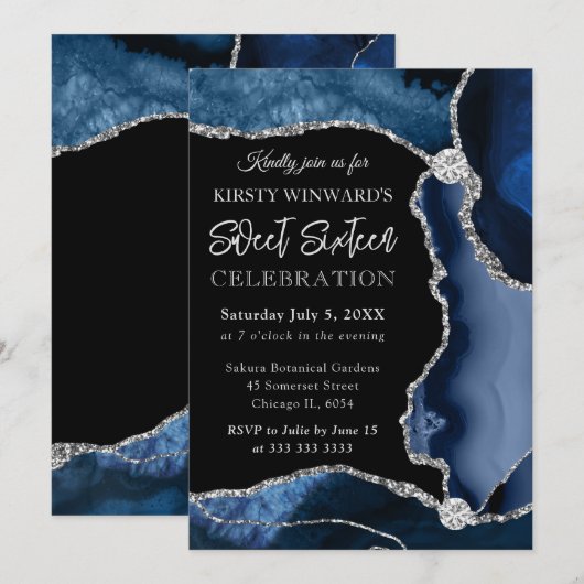 Blauw en Zilver Faux Glitter Agaat Sweet 16 Kaart (Voorkant / Achterkant)