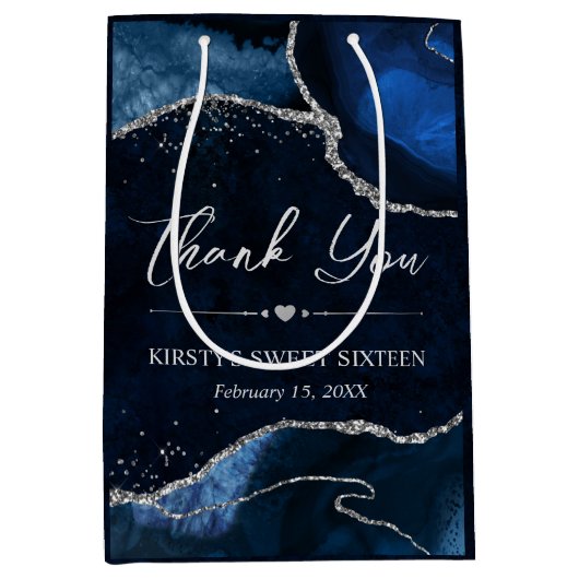 Blauw en Zilver Faux Glitter Agaat Sweet 16 Medium Cadeauzakje (Voorkant)