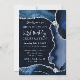 Blauw en Zilver Faux Glitter Agaat Verjaardag Kaart