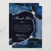 Blauw en Zilver Faux Glitter Agate Quinceanera Bedankkaart (Voorkant / Achterkant)
