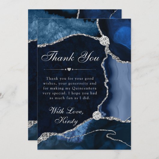 Blauw en Zilver Faux Glitter Agate Quinceanera Bedankkaart (Voorkant / Achterkant)