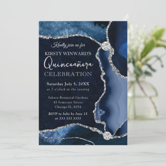 Blauw en Zilver Faux Glitter Agate Quinceanera Kaart (Staand voorkant)