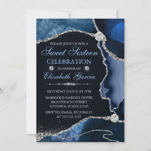 Blauw en zilver Faux Glitter Agate Sweet Sixteen Kaart