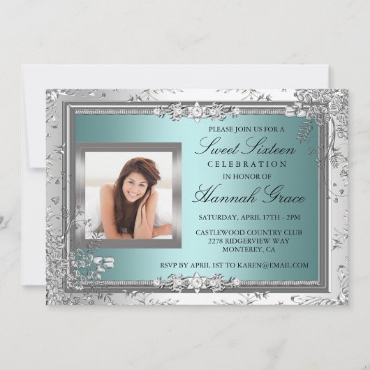 Blauw en zilver Foto Sweet Sixteen Invite Kaart (Voorkant)