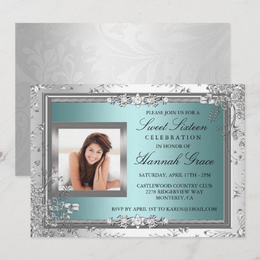 Blauw en zilver Foto Sweet Sixteen Invite Kaart (Voorkant / Achterkant)