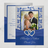 Blauw en Zilver Gevoegde Harten Foto Dank u Kaart (Voorkant / Achterkant)