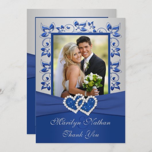 Blauw en Zilver Gevoegde Harten Foto Dank u Kaart (Voorkant / Achterkant)