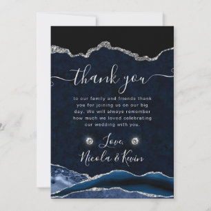 Blauw en zilver glitter agaat bruiloft bedankkaart