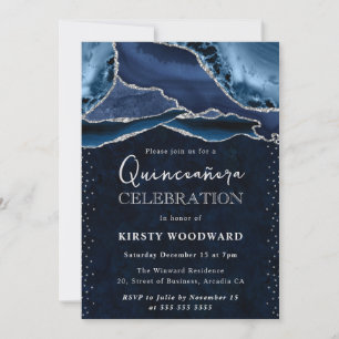 Blauw en zilver glitter agaat Quinceanera Kaart