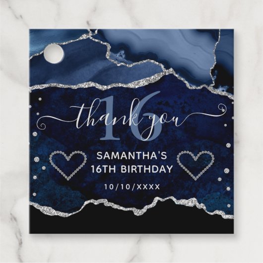 Blauw en zilver Glitter Agate Marble Sweet 16 Bedankjes Labels (Voorkant)