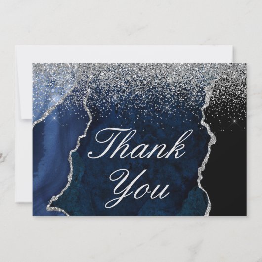 Blauw en zilver Glitter Agate Marble Wedding Bedankkaart (Achterkant)