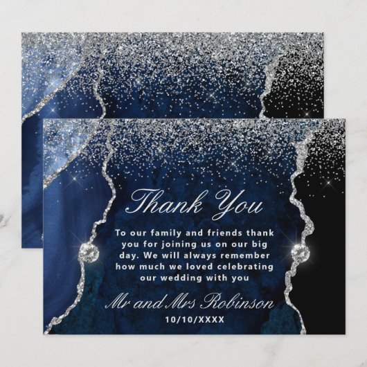 Blauw en zilver Glitter Agate Marble Wedding Bedankkaart (Voorkant / Achterkant)