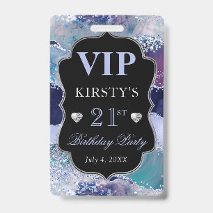 Blauw en Zilver Glitter Agate Verjaardag VIP Badge