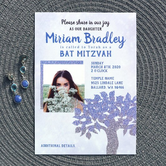 Blauw en zilver Glitter Bat Mitzvah Uitnodiging