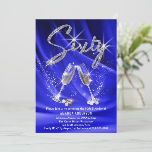 Blauw en zilver Glitter Glam Modern 60th Birthday Kaart (Staand voorkant)