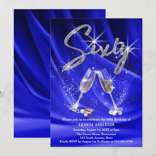 Blauw en zilver Glitter Glam Modern 60th Birthday Kaart (Voorkant / Achterkant)