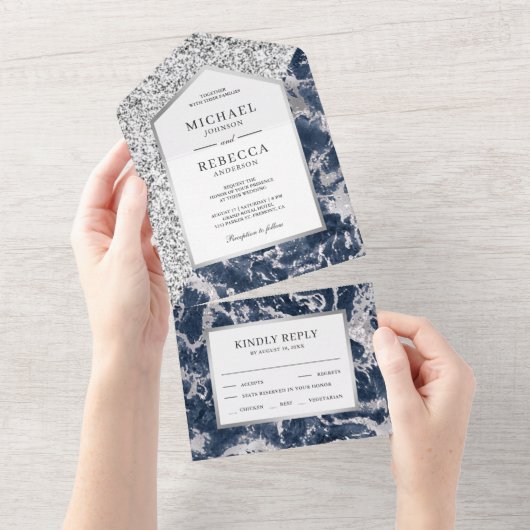 Blauw en zilver Glitter Marble Wedding All In One Uitnodiging (Afscheurbaar)