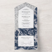 Blauw en zilver Glitter Marble Wedding All In One Uitnodiging (Binnen)
