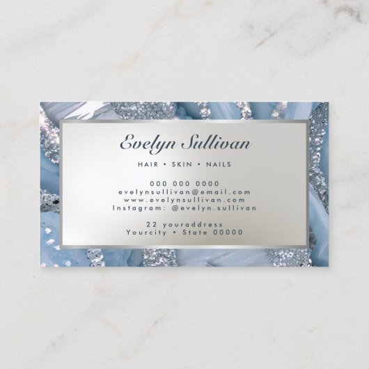 Blauw en Zilver glitter marmer visitekaartje (Achterkant)
