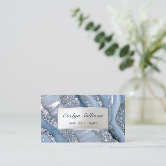 Blauw en Zilver glitter marmer visitekaartje (Staand voorkant)