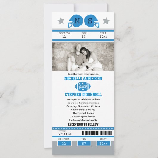 Blauw en zilver groen Football Ticket Wedding Kaart (Voorkant)