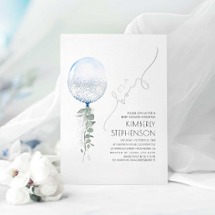 Blauw en zilver groenballon baby shower folie uitnodiging