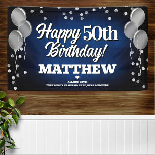 Blauw en zilver Happy Birthday-spandoek Spandoek