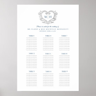 Blauw en zilver hart krans bruiloft zitplaatsenkaa poster
