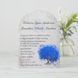 Blauw en Zilver Hartblad Boom Trouw Uitnodiging