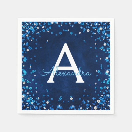 Blauw en Zilver Juwelen Diamant Confetti Monogram Servet (Voorkant)