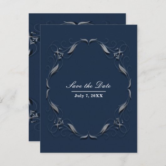 Blauw en zilver Lijst Elegant Wedding Save the Dat Aankondigingskaart (Voorkant / Achterkant)