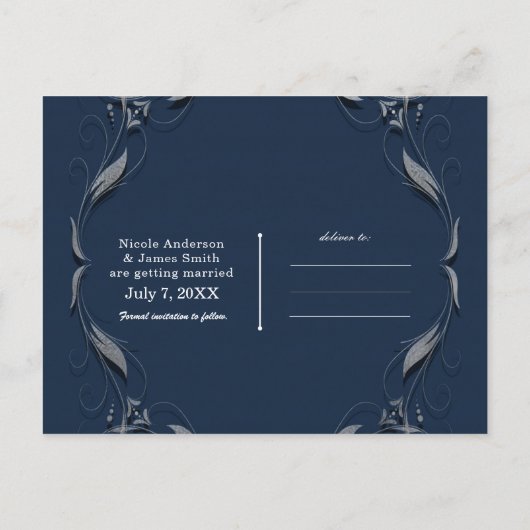 Blauw en zilver Lijst Elegant Wedding Save the Dat Aankondigingskaart (Achterkant)