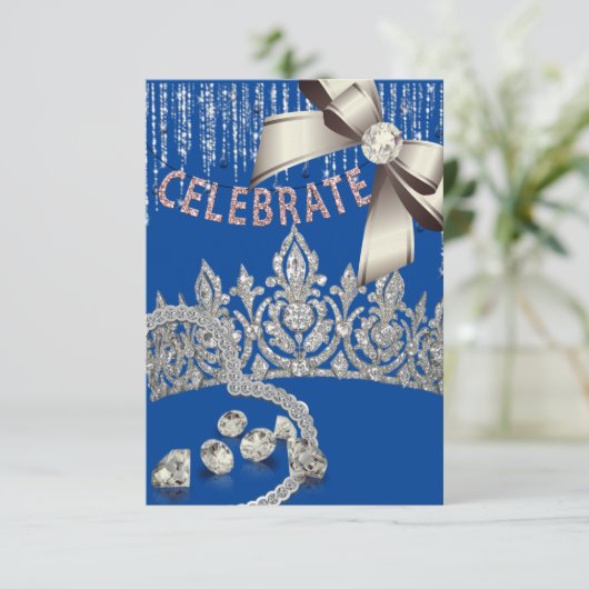 Blauw en Zilver met kroon diamanten blauw feest Kaart (Staand voorkant)