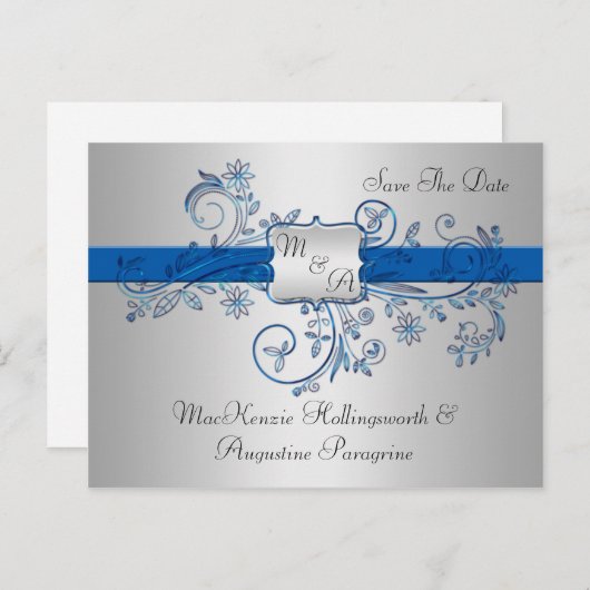 Blauw en Zilver Monogram Bloemen Wervelingen Save Aankondigingskaart (Voorkant / Achterkant)