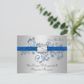 Blauw en Zilver Monogram Bloemen Wervelingen Save Aankondigingskaart (Staand voorkant)
