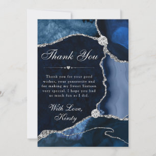Blauw en zilver nep glitter agaat Sweet 16 Bedankkaart