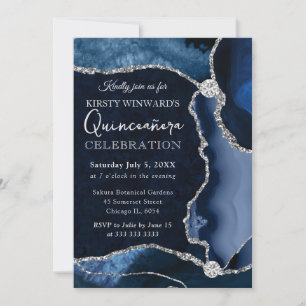 Blauw en zilver nep glitters agaat Quinceanera Kaart
