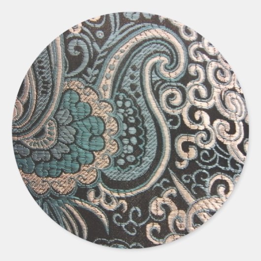Blauw en zilver Paisley Brocade Ronde Sticker (Voorkant)