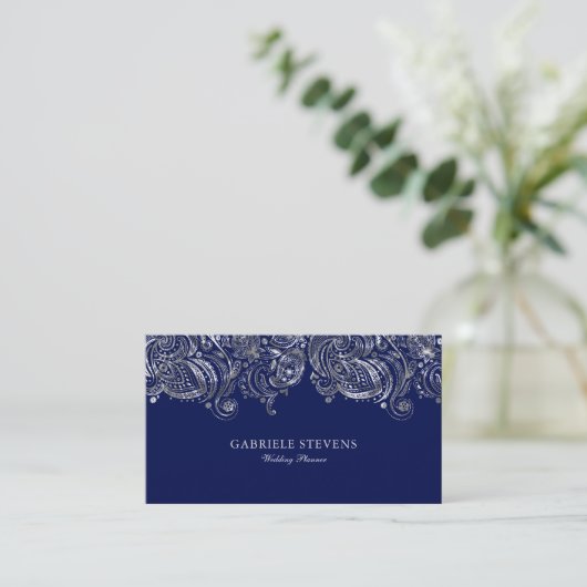 Blauw en Zilver Paisley Wedding Planner Visitekaartje (Staand voorkant)