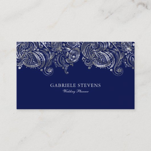 Blauw en Zilver Paisley Wedding Planner Visitekaartje (Voorkant)