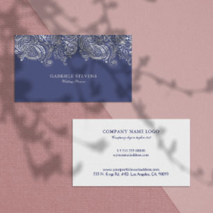 Blauw en Zilver Paisley Wedding Planner Visitekaartje